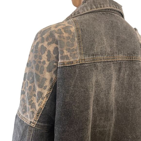 POL Denim JACKET Womens L Black Distressed Long Sleeves Animal Print Patchwork - Picture 7 of 14